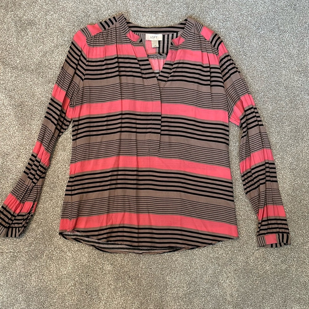 LOFT Gray, Black, and Pink Striped Blouse